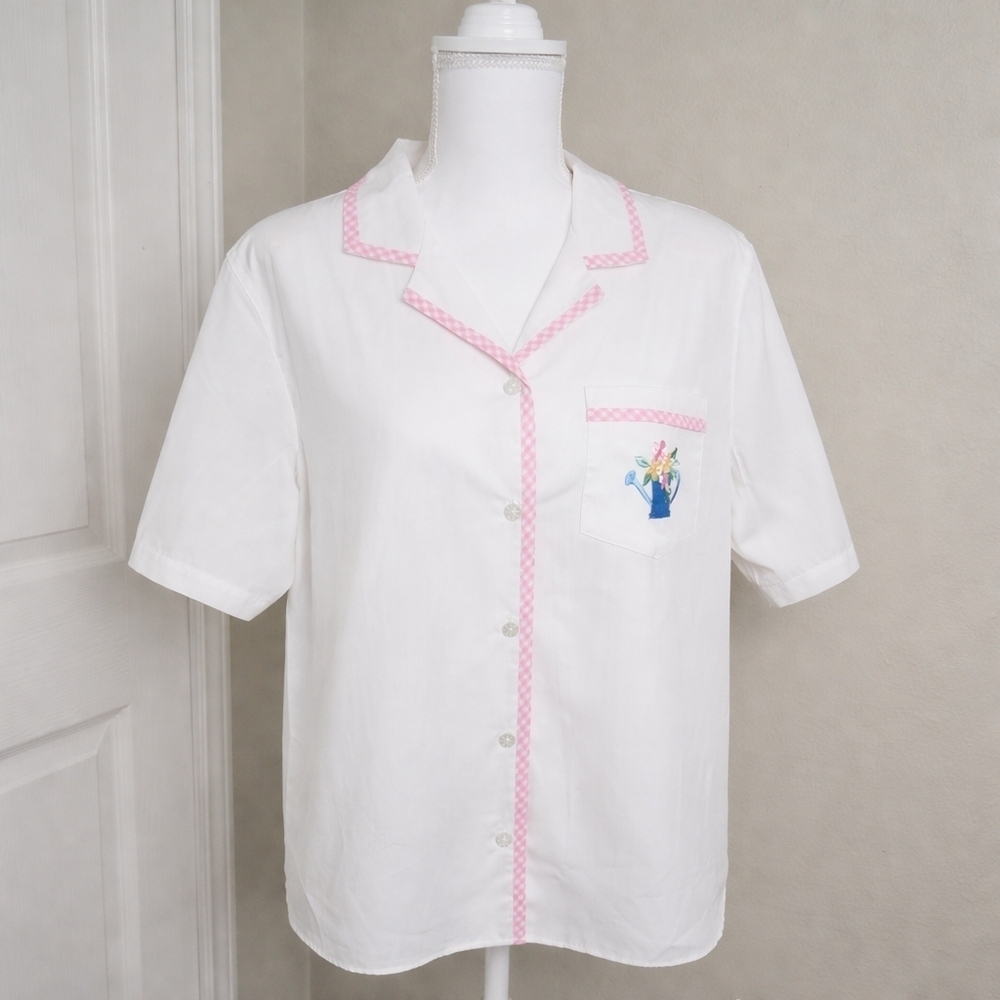 Alfred Dunner 90s Vintage NWT White Button Down Shirt Pink Gingham Floral Pocket